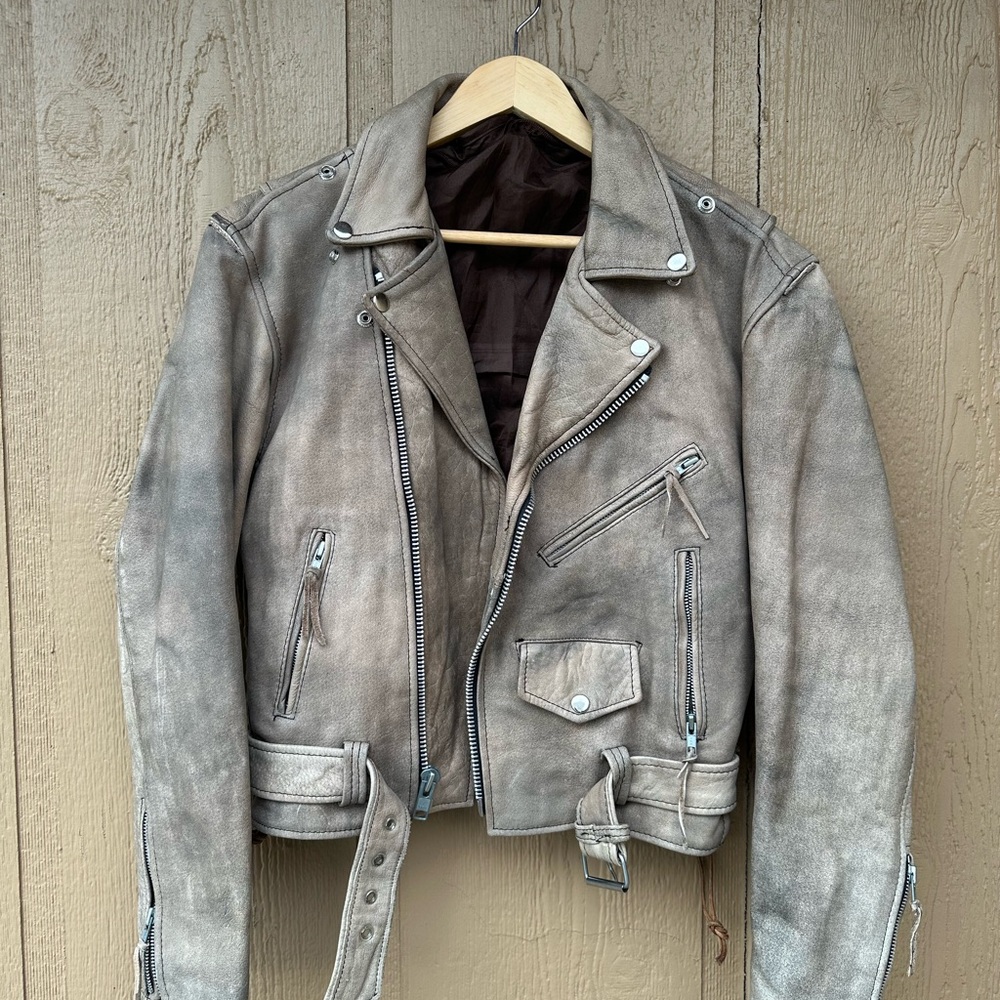 VTG Ladies Cropped Genuine Leather Biker Jacket - Gray